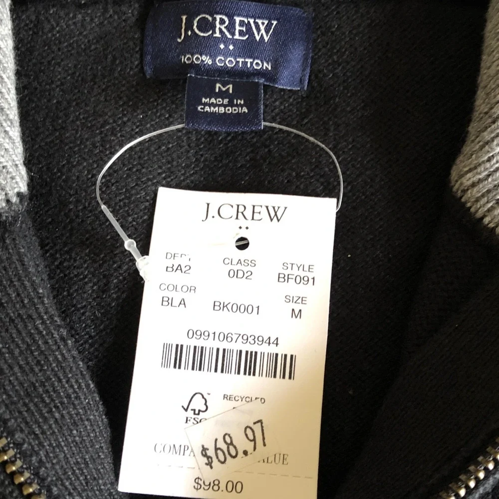 J. Crew Men's Navy Half-Zip Sweater with Gray Collar and Leather Pull